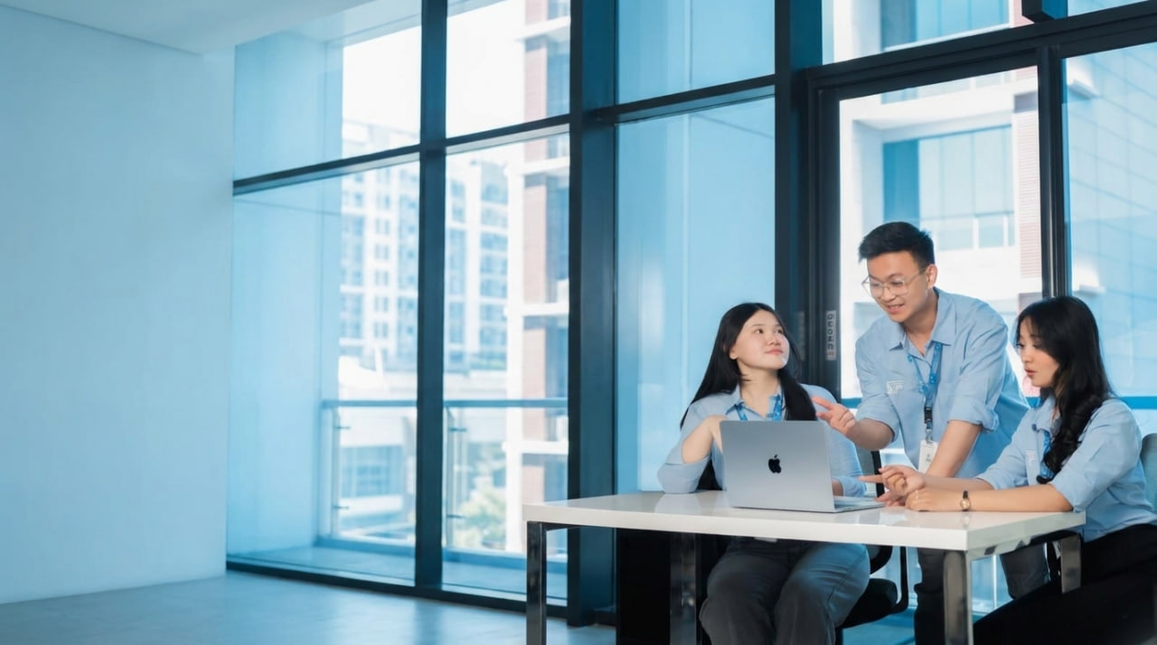 A mentor guiding two interns at a laptop